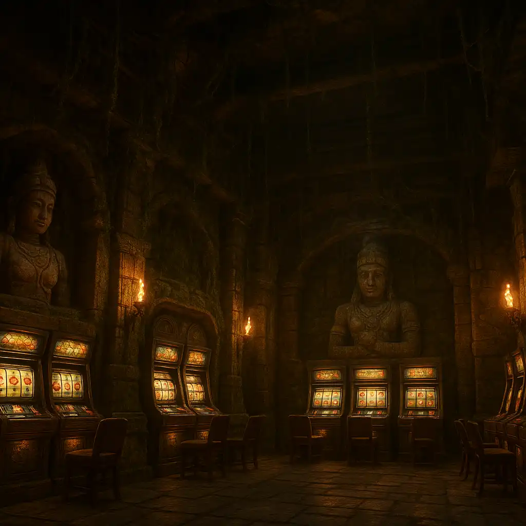 Jungle temple casino hall with glowing slot machines and torchlight