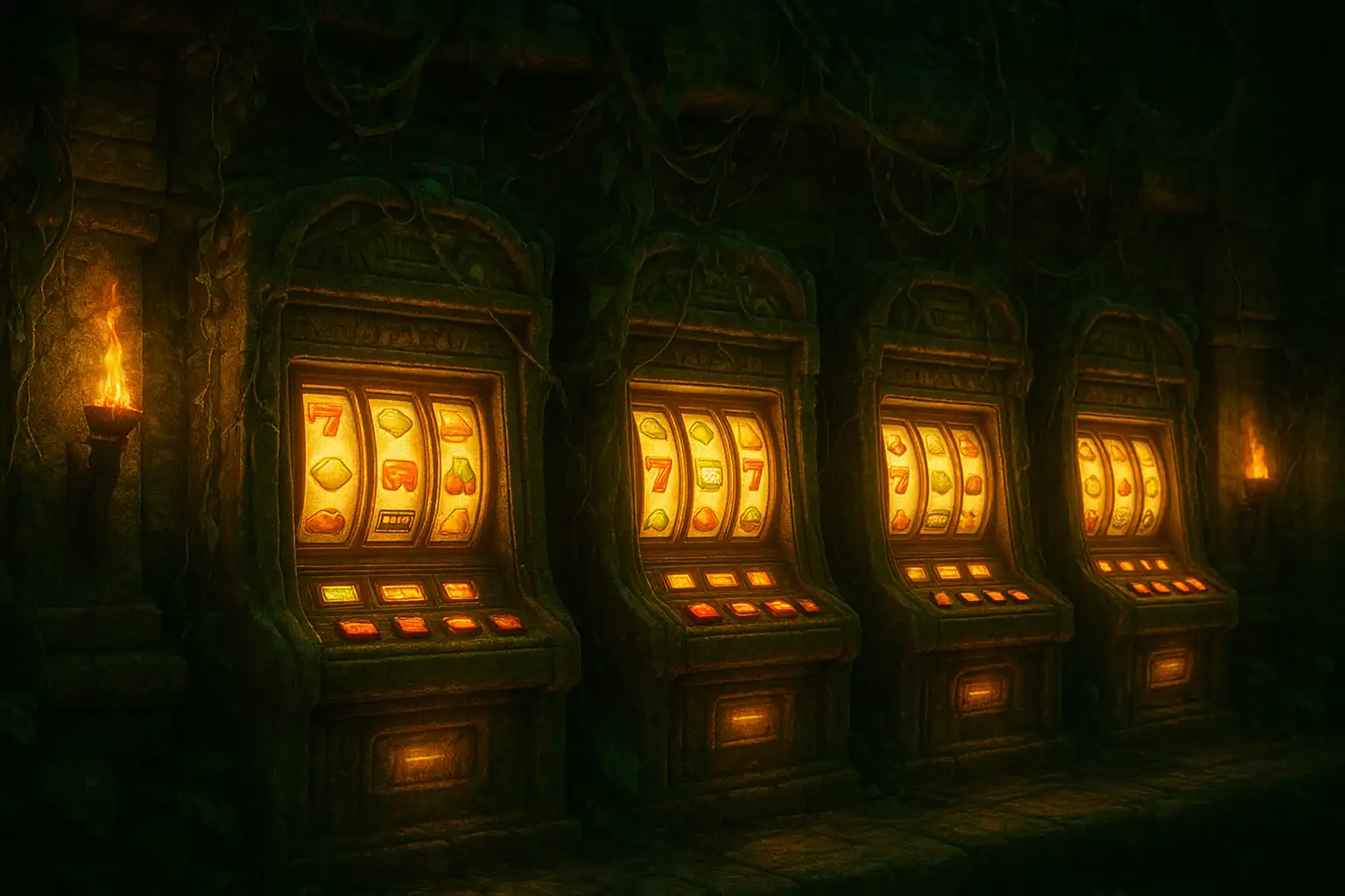 Glowing slot machines carved into mossy jungle temple stone