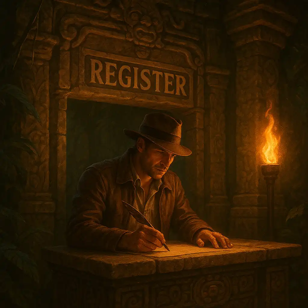 Explorer registering a BetMoosh account at a stone temple desk