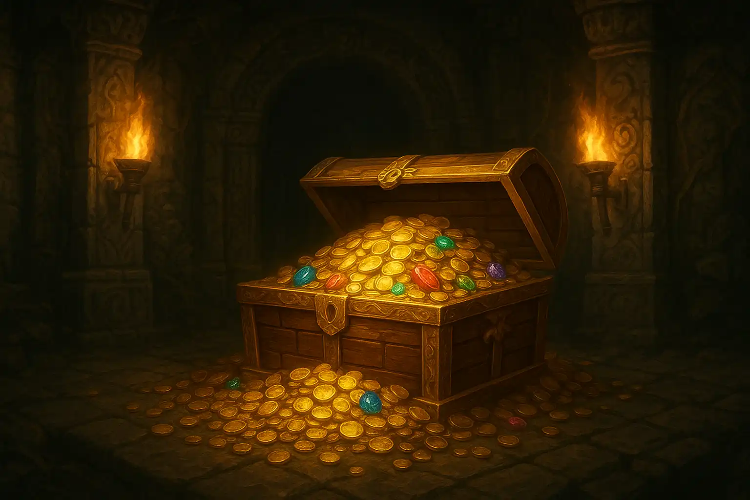 Golden treasure chest and carved idols representing the BetMoosh VIP Club chamber